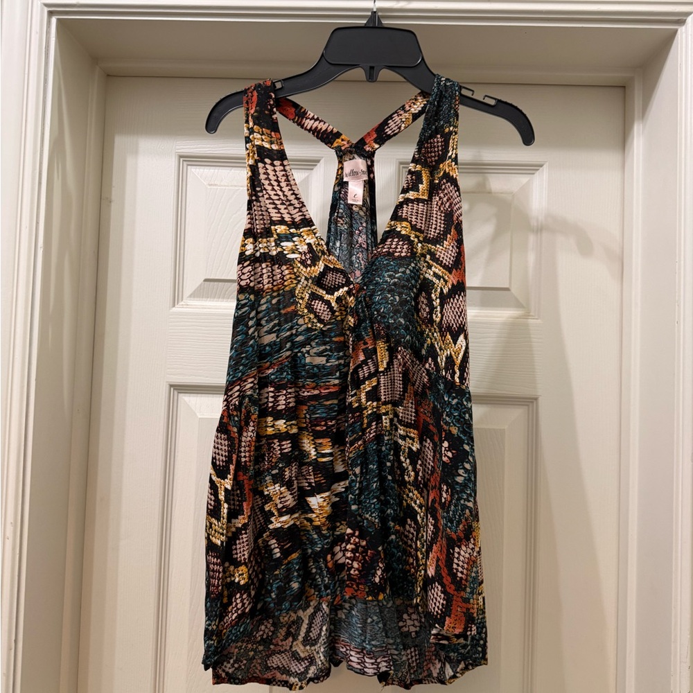 Sleeveless V-Neck Printed Blouse in Teal, Pink & Black
